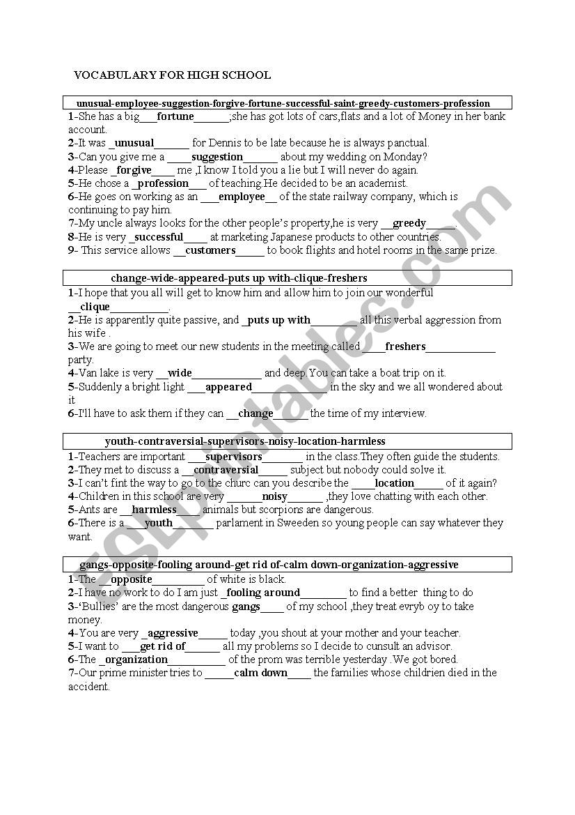 vocabulary for high school worksheet