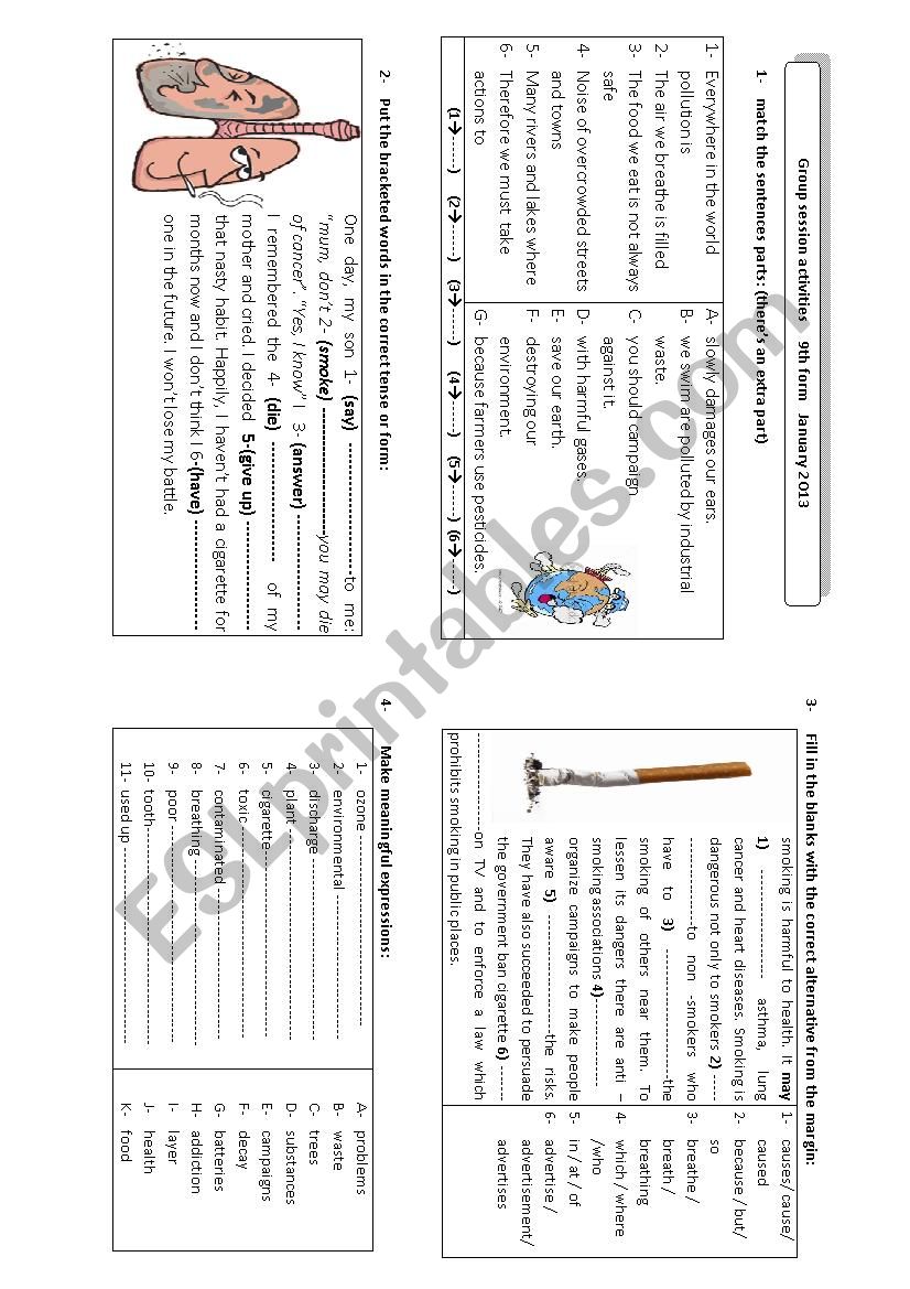 Pollution and smoking worksheet