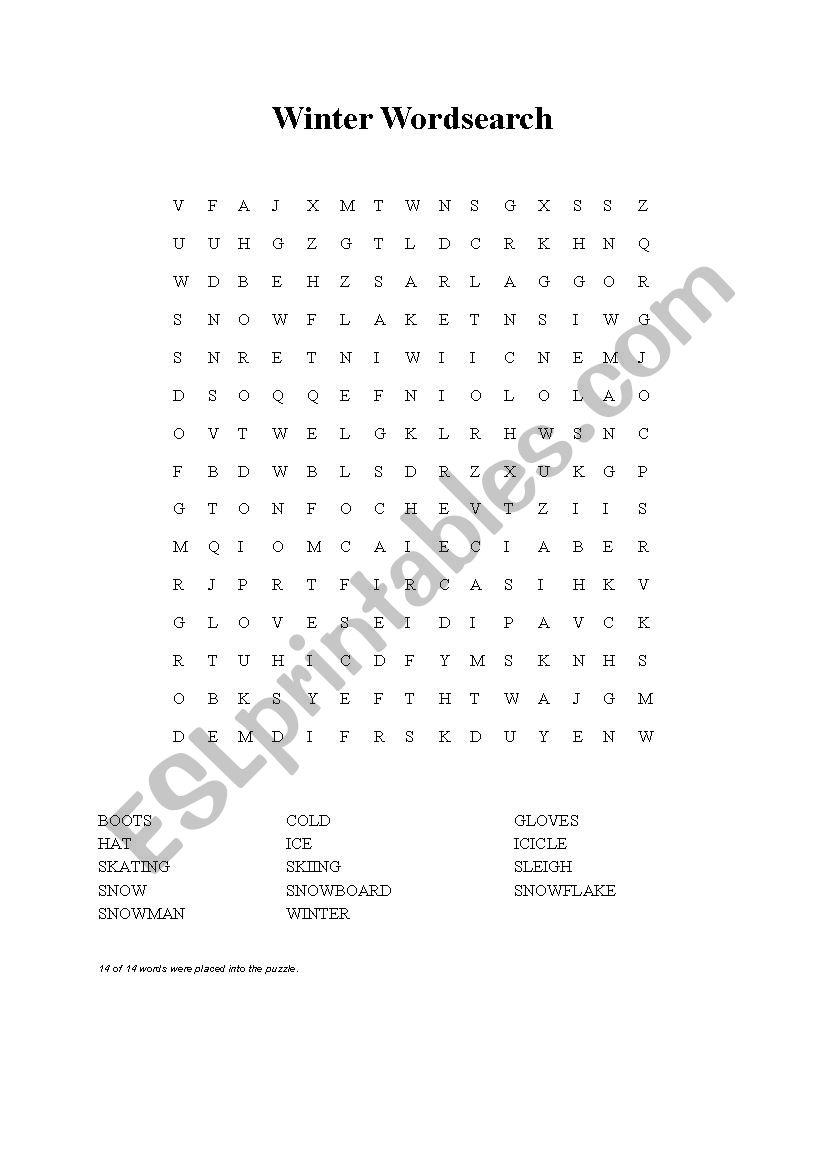 Winter Wordsearch worksheet