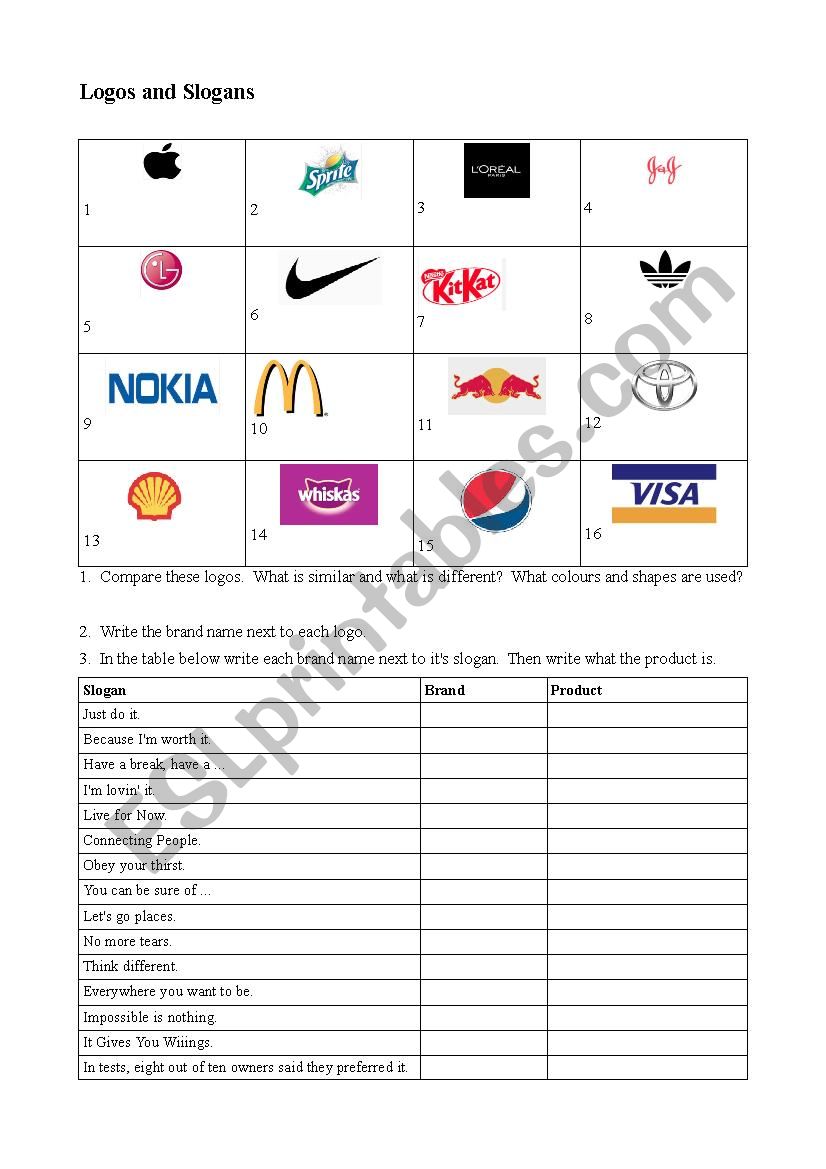 Logos and slogans worksheet