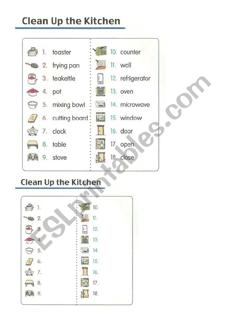 Clean up the kitchen worksheet