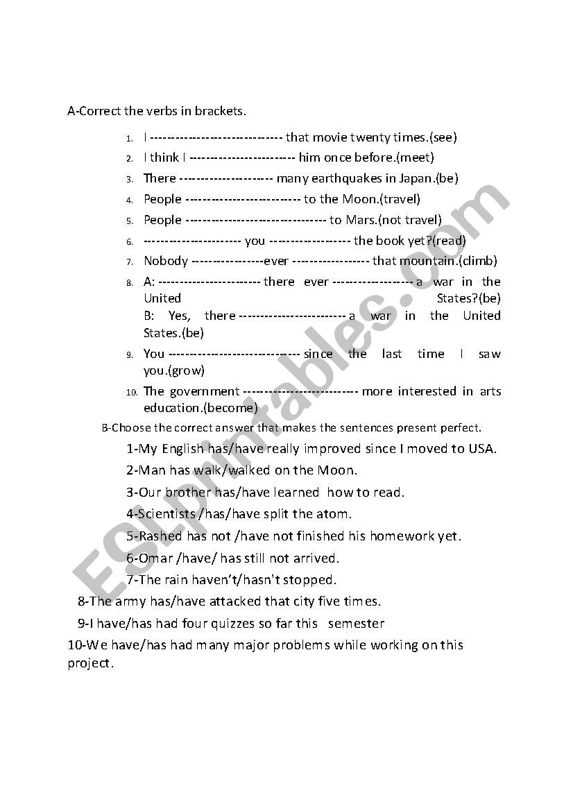 present perfect  worksheet