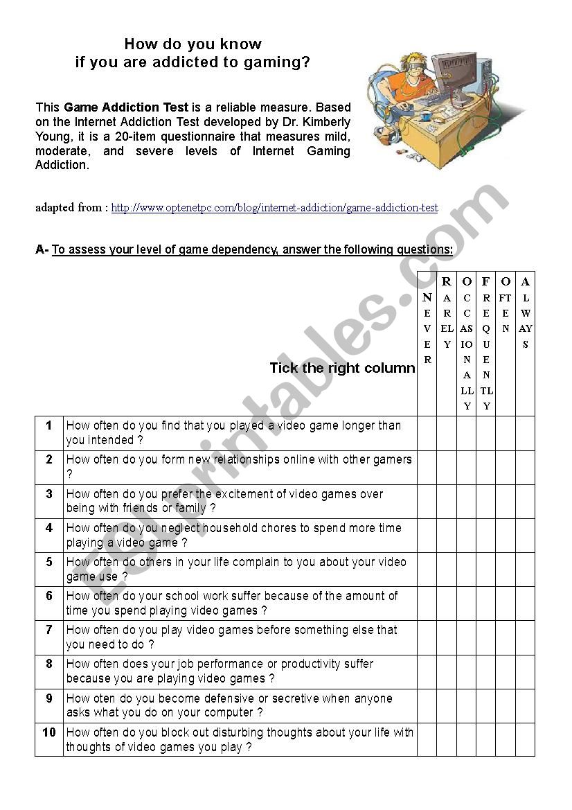 Game Addiction Test  worksheet