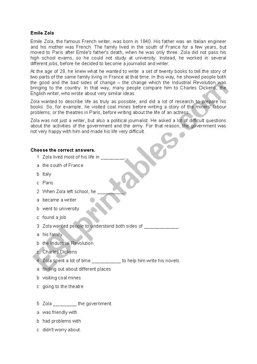 EMILE ZOLA worksheet