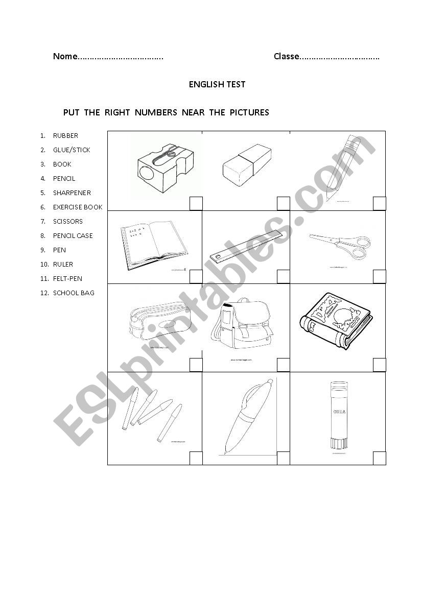 English test: class objects worksheet