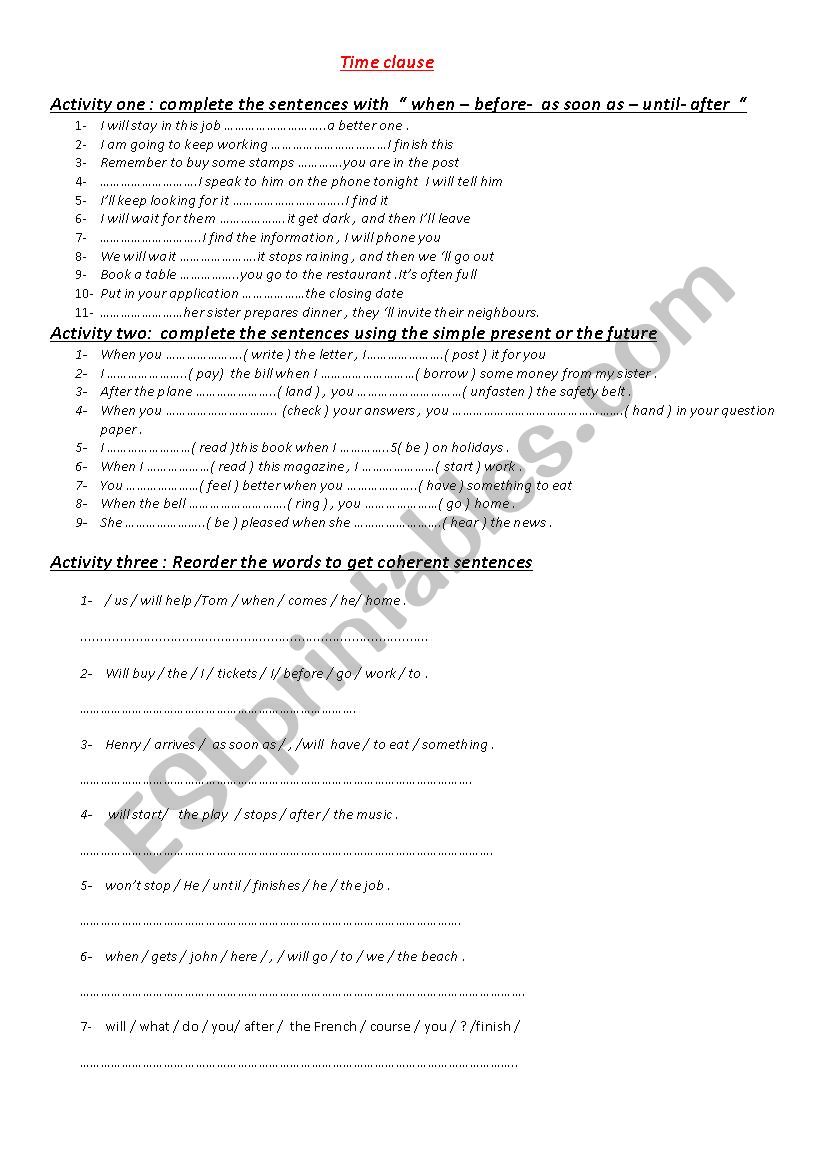 time clause  worksheet