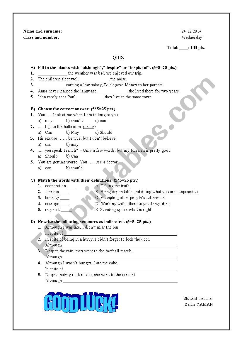 Quiz worksheet