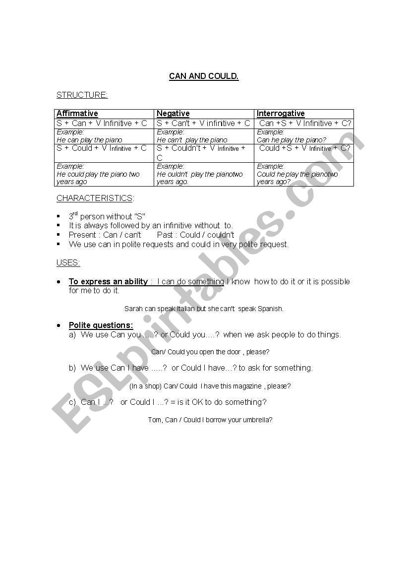 Can and Could worksheet