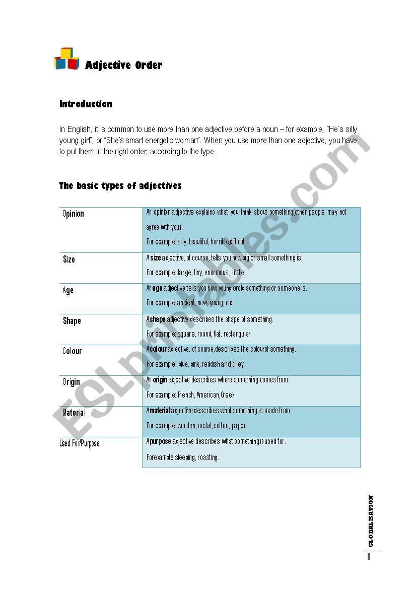 Order of Adjectives worksheet