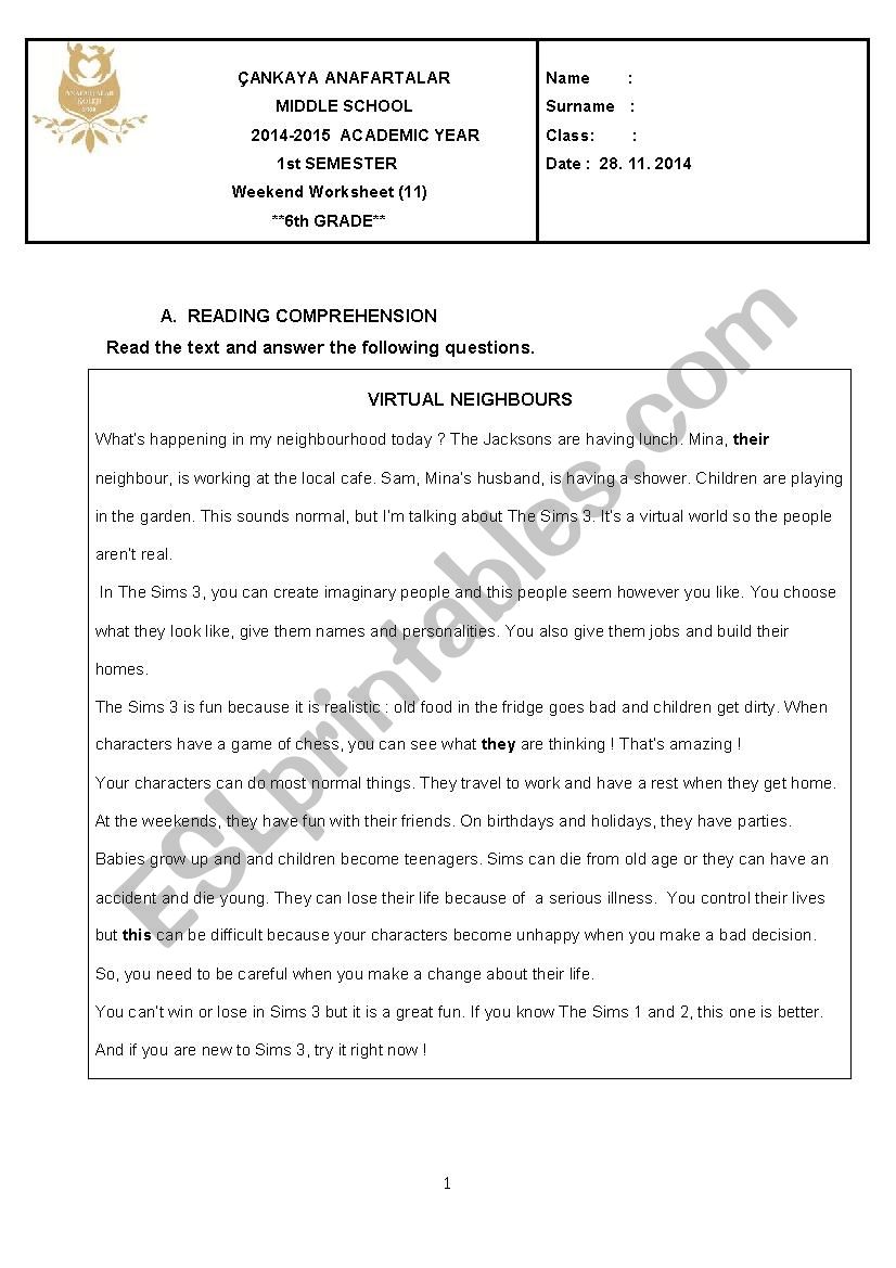 Mixed READNG WRITING GRAMMAR worksheet