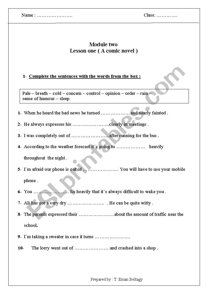 comic novel worksheet