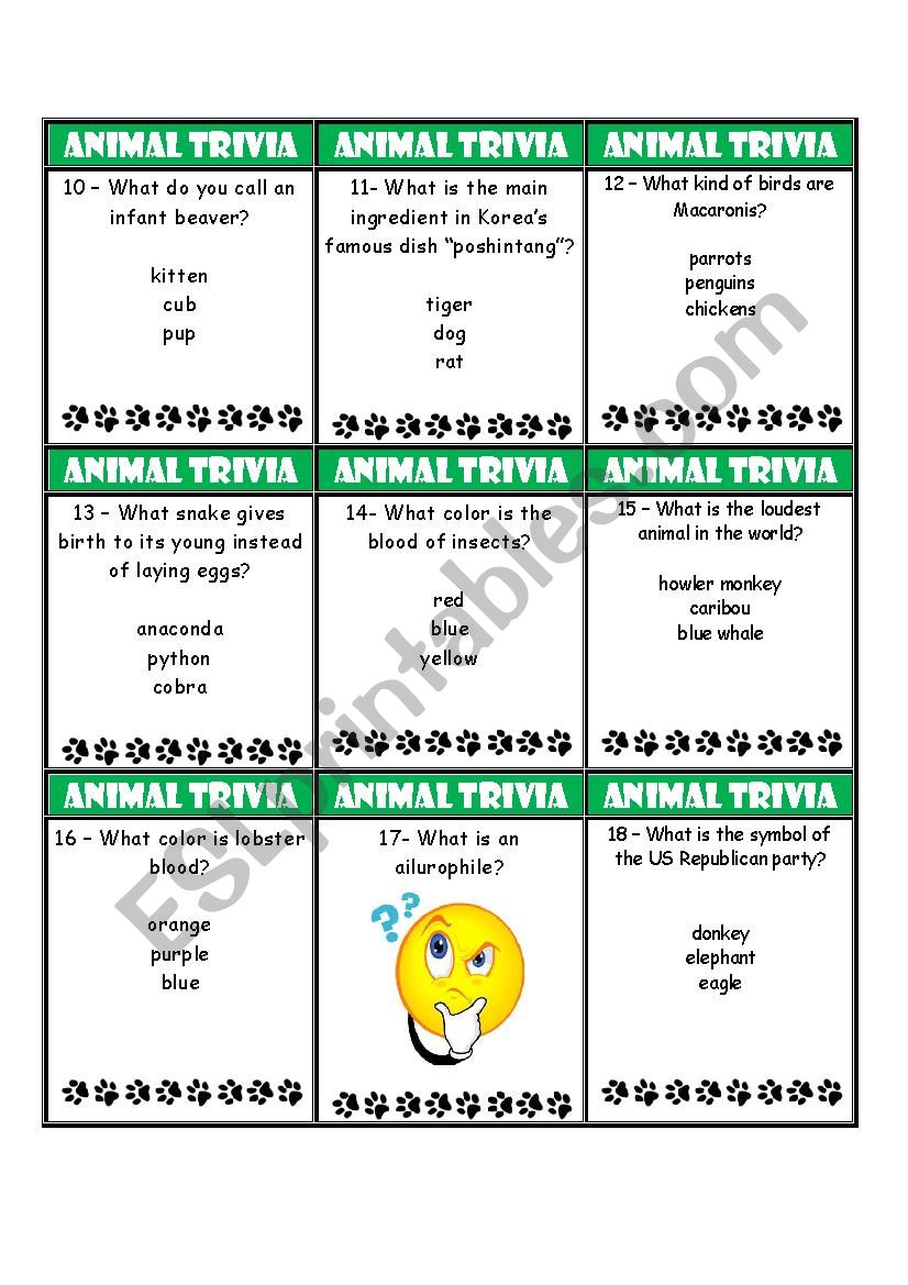Animal Trivia Game - ESL worksheet by EstherLee76