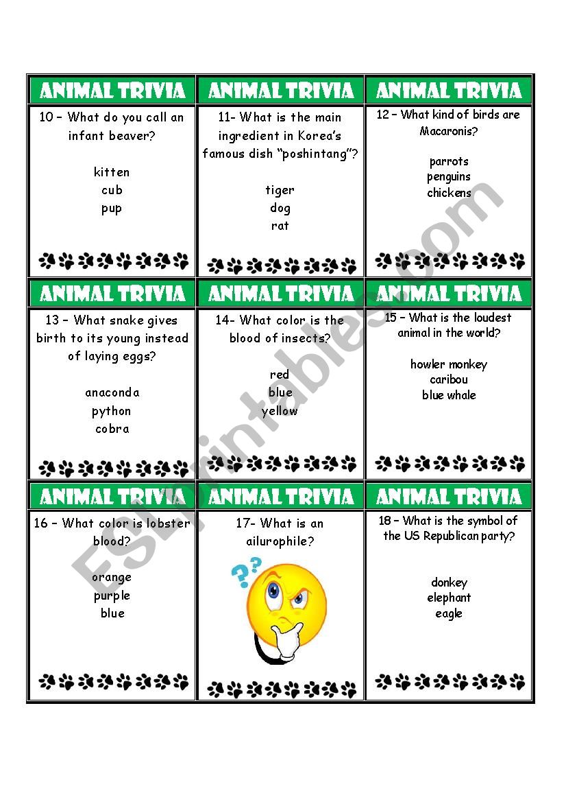 Animal Trivia Game - ESL worksheet by EstherLee76 Animal Trivia Game - ESL worksheet by EstherLee76
