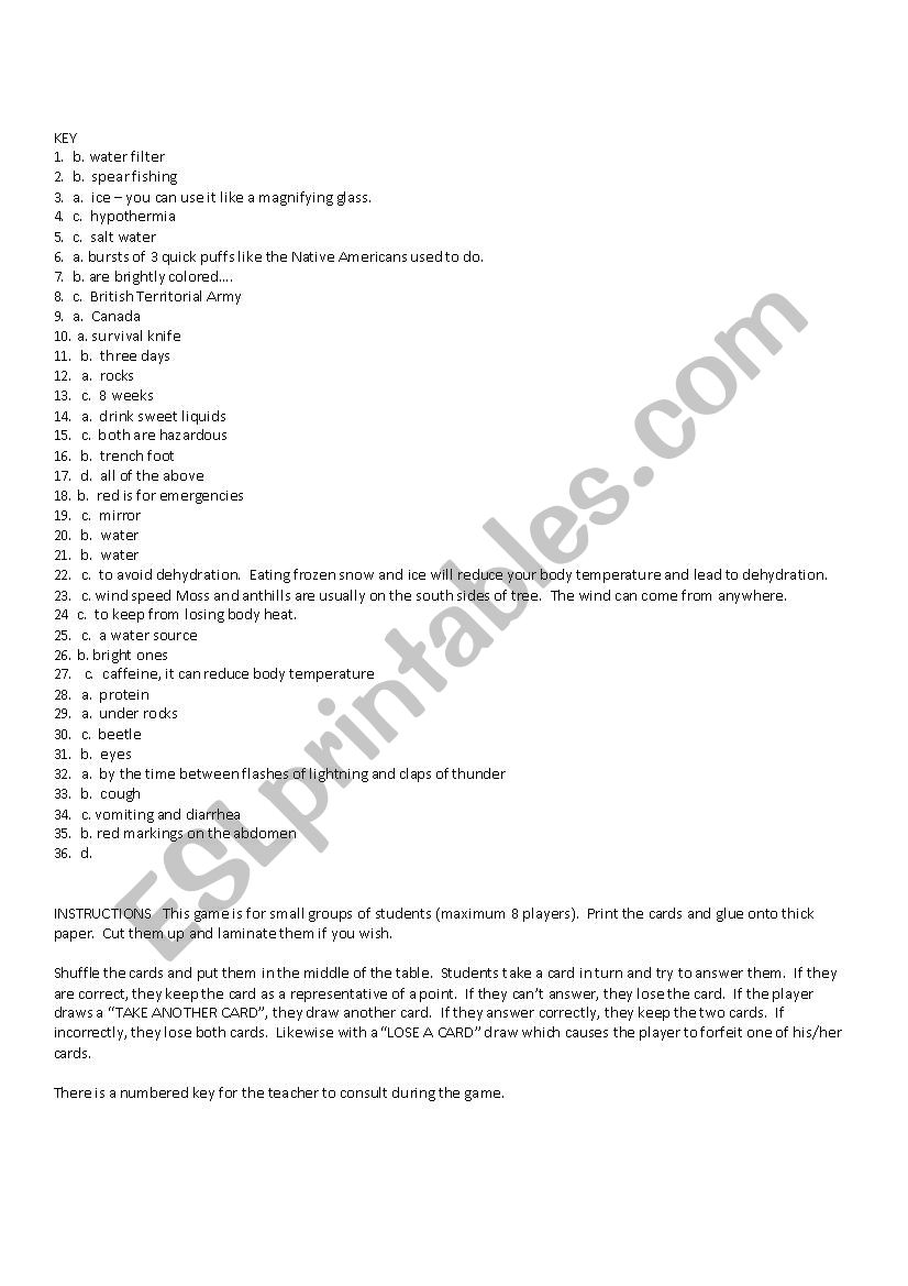 Survival Trivia Game Esl Worksheet By Estherlee76