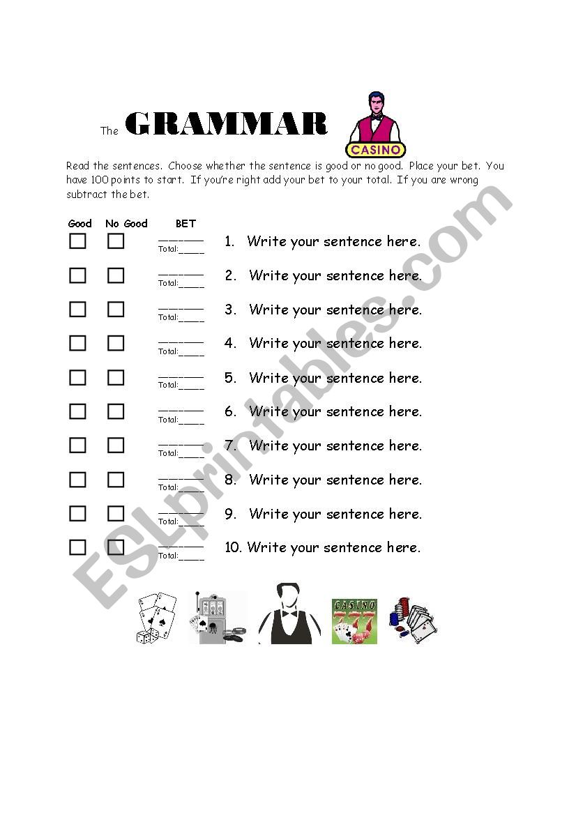 Grammar Casino Template worksheet