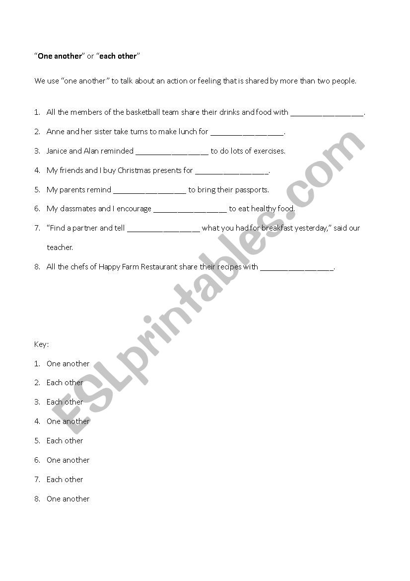 each other or one another worksheet