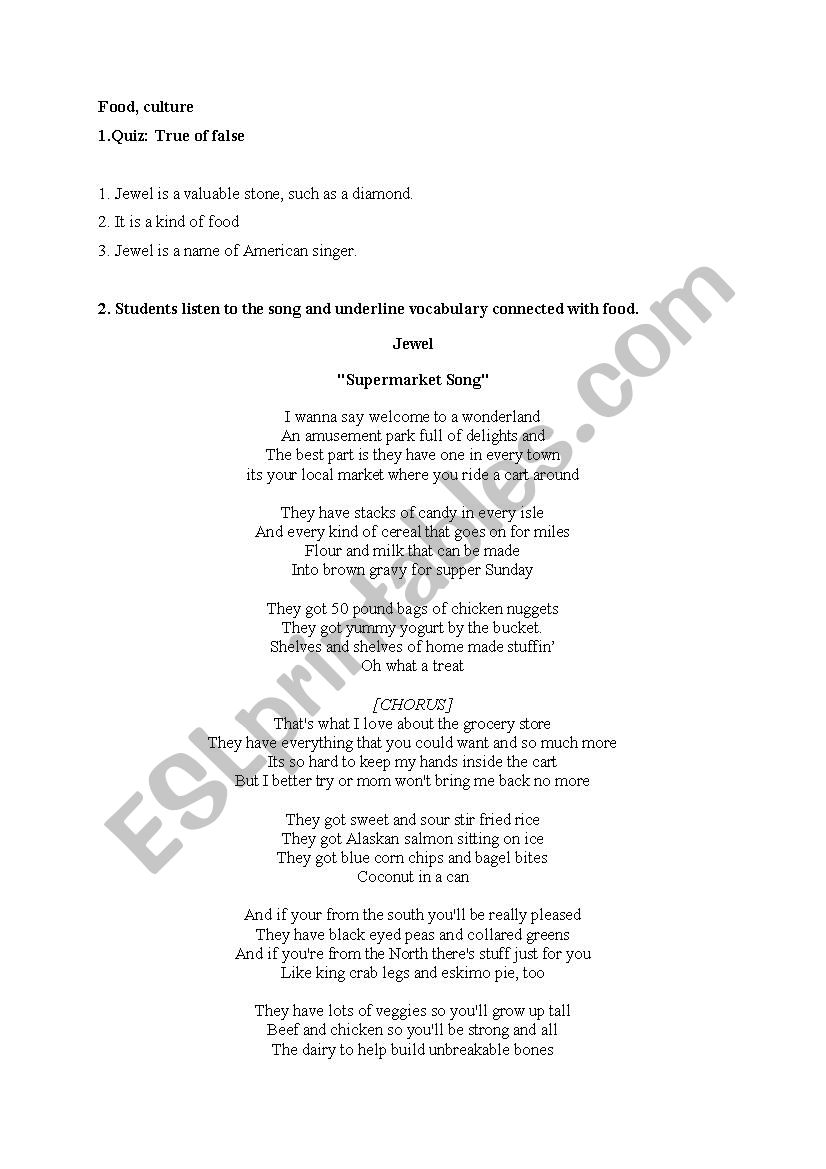 Food - supermarket song worksheet