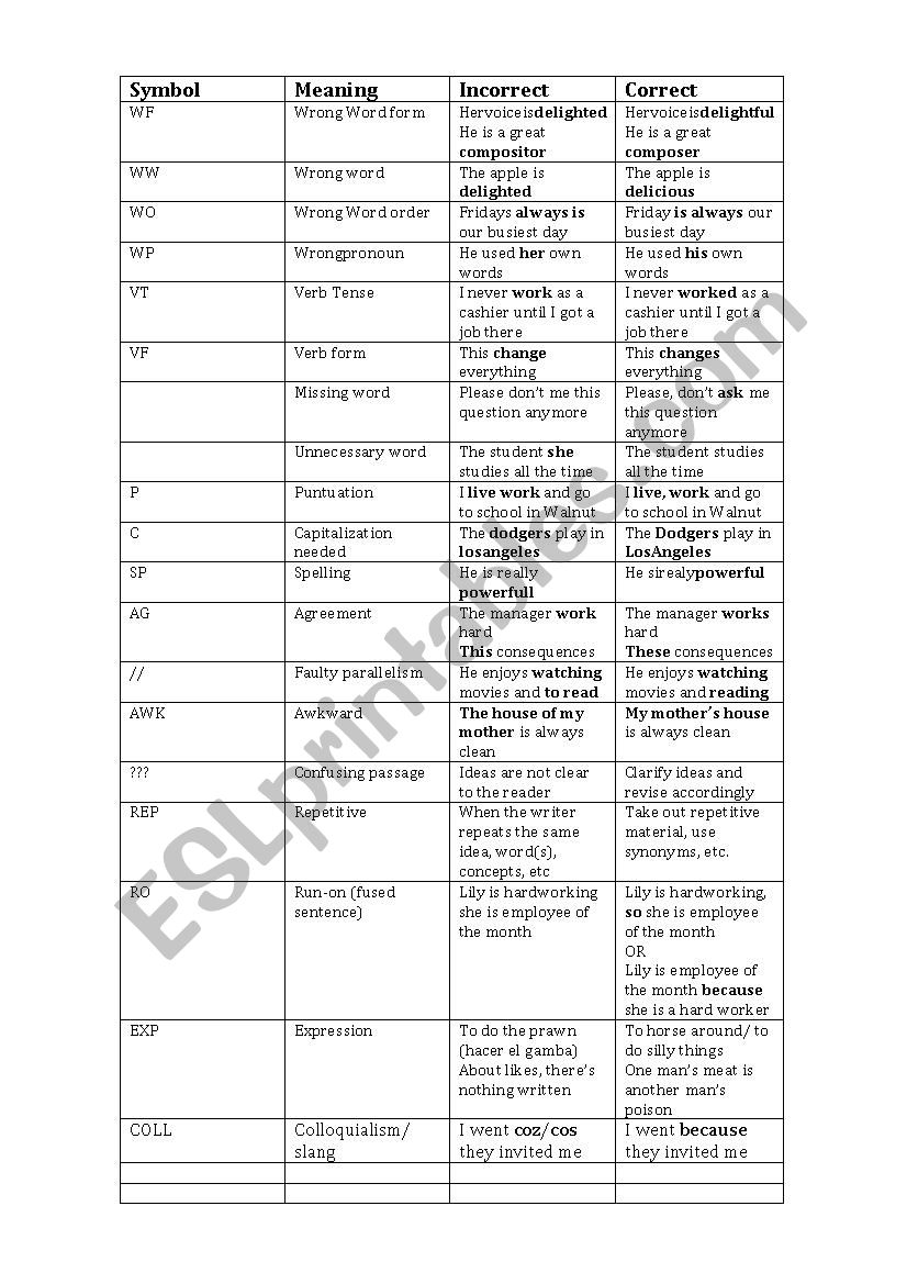 Writing Correcting Symbols worksheet