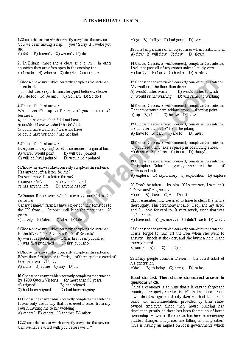 Intermediate tests worksheet