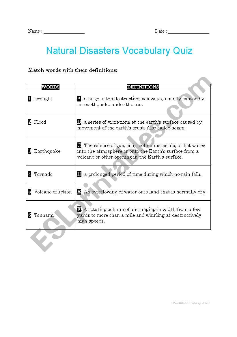 NATURAL DISASTERS VOCABULARY QUIZ