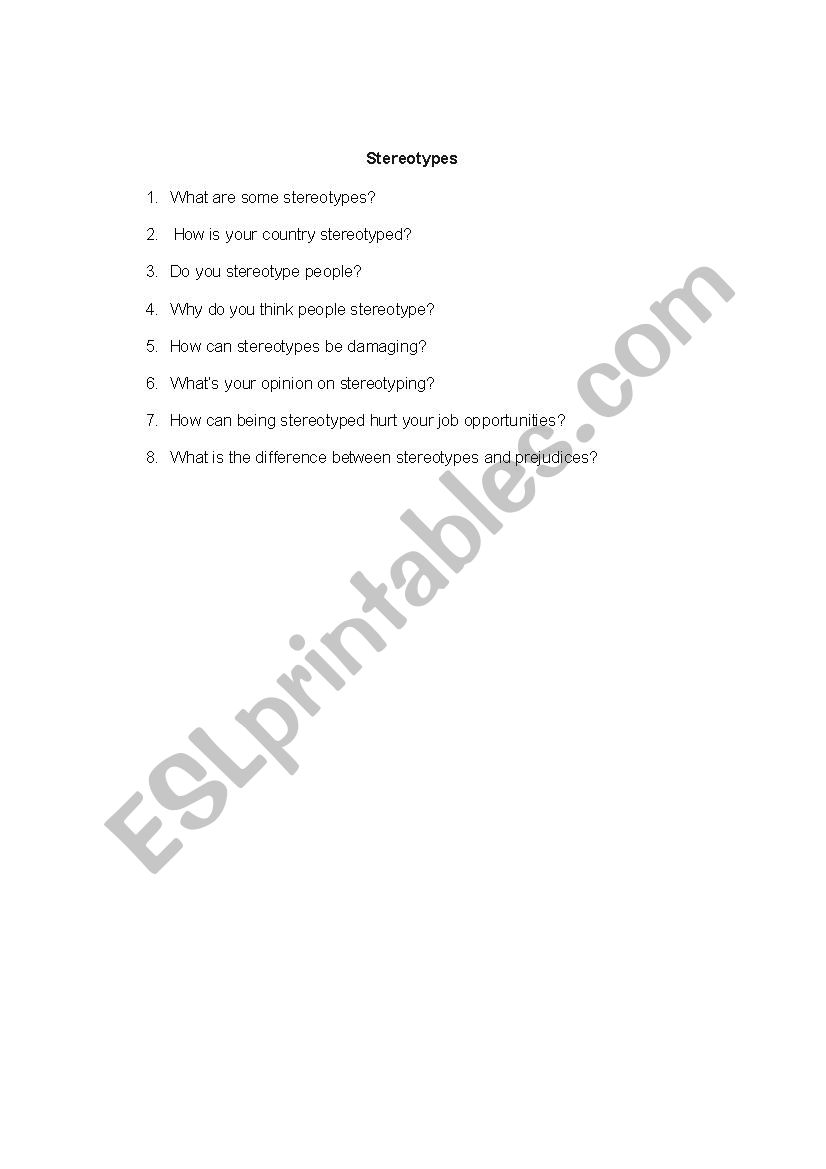 Stereotypes worksheet