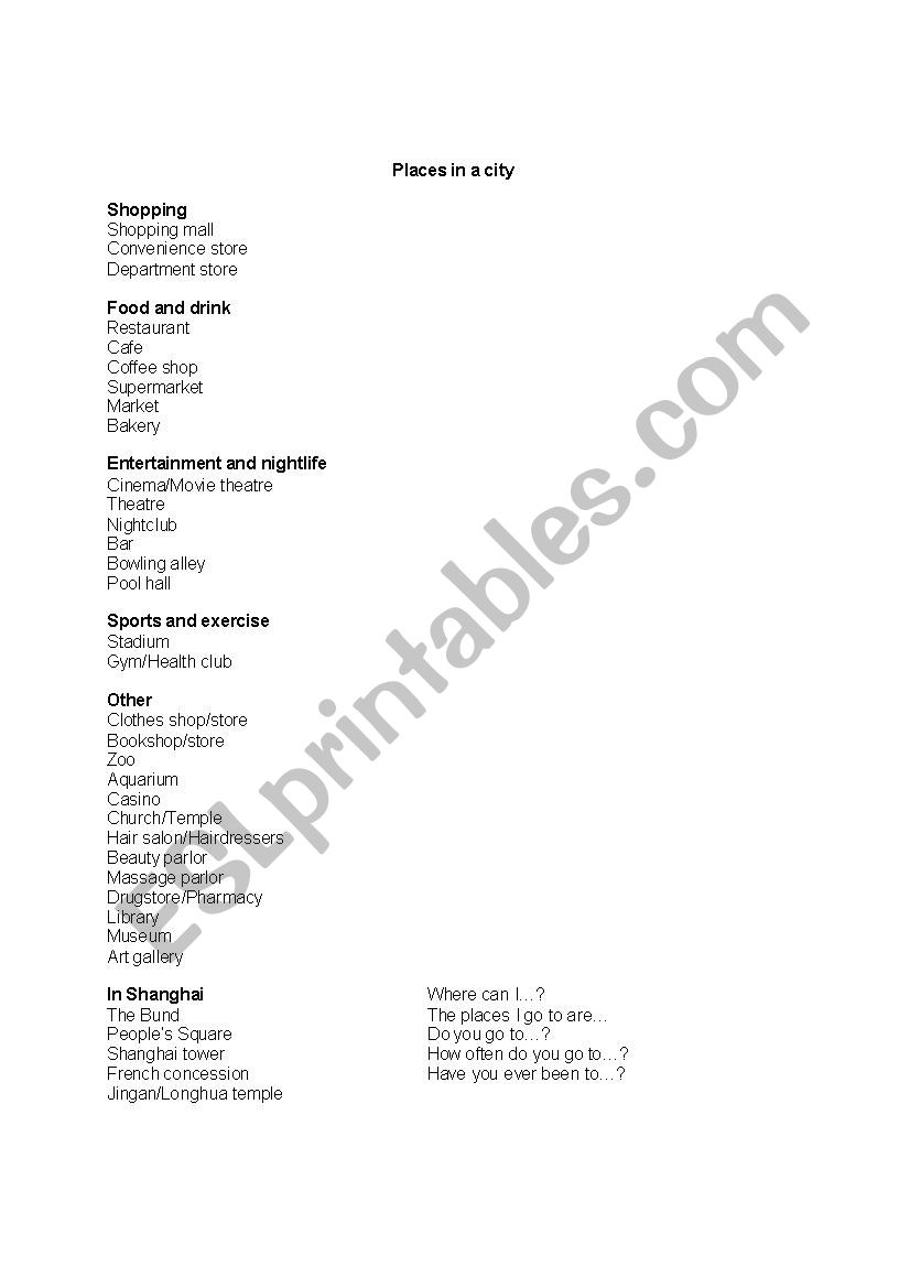 Places in a city worksheet