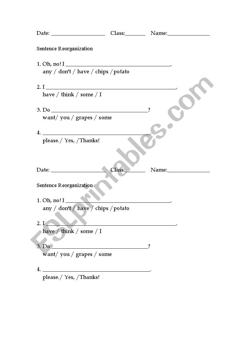 Sentence Organ worksheet