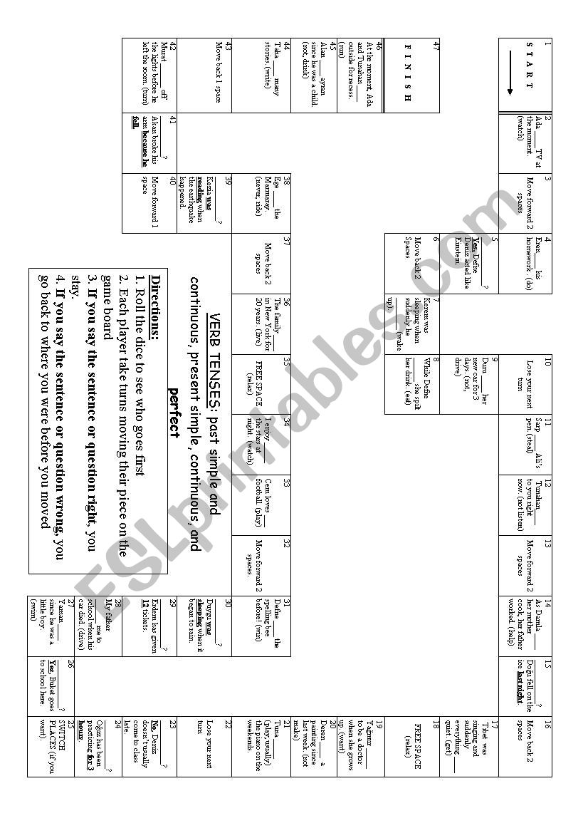 Past Simple/Continuous Present Simple/Continuous/Perfect Board Game