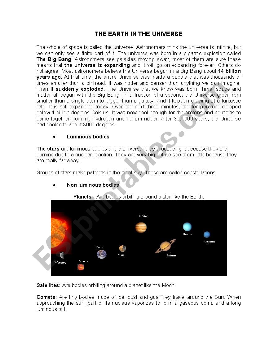 The Earth and the Universe worksheet