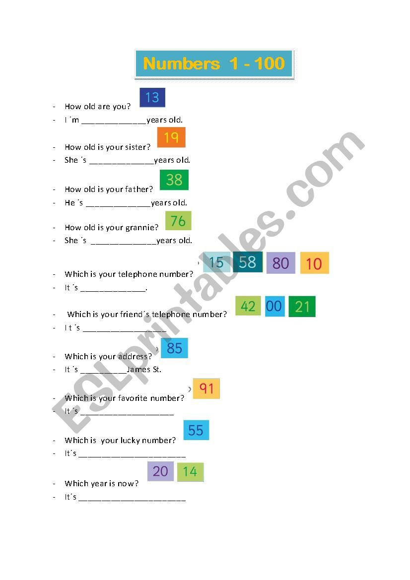 Numbers 1 - 100 (Answer the questions)