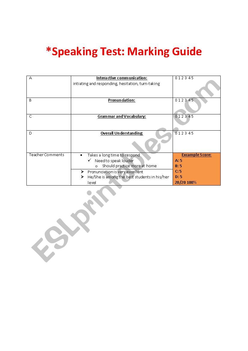 Speaking Test Guide worksheet