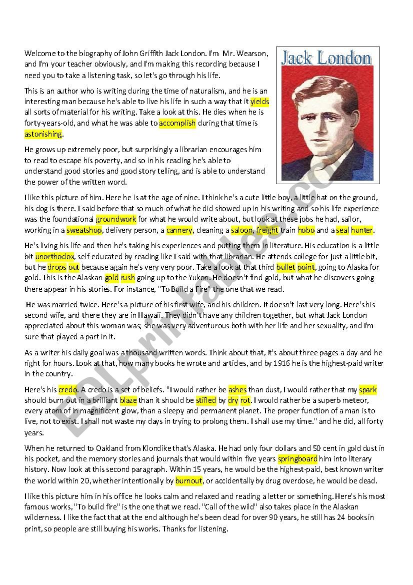 Video Script for A Short Biography of Jack London