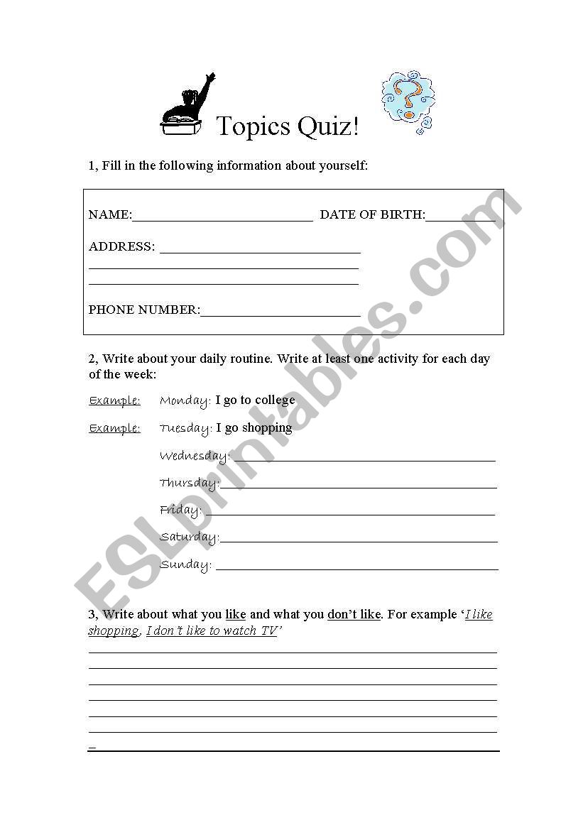  topic quiz for beginners  worksheet