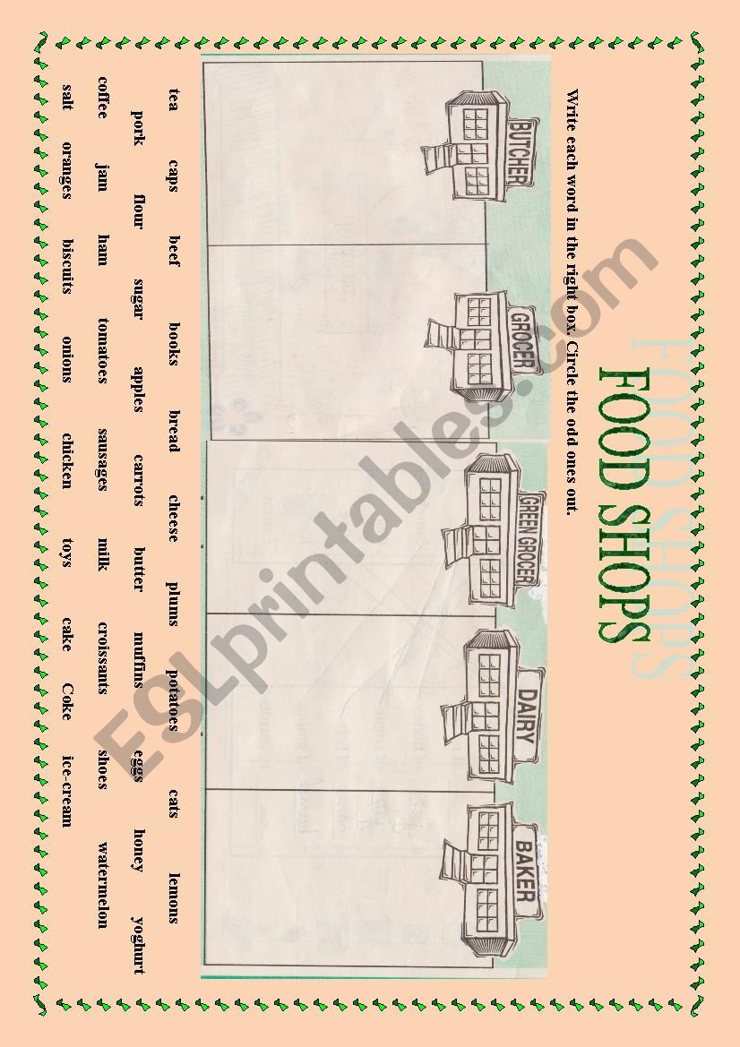 Food shops worksheet