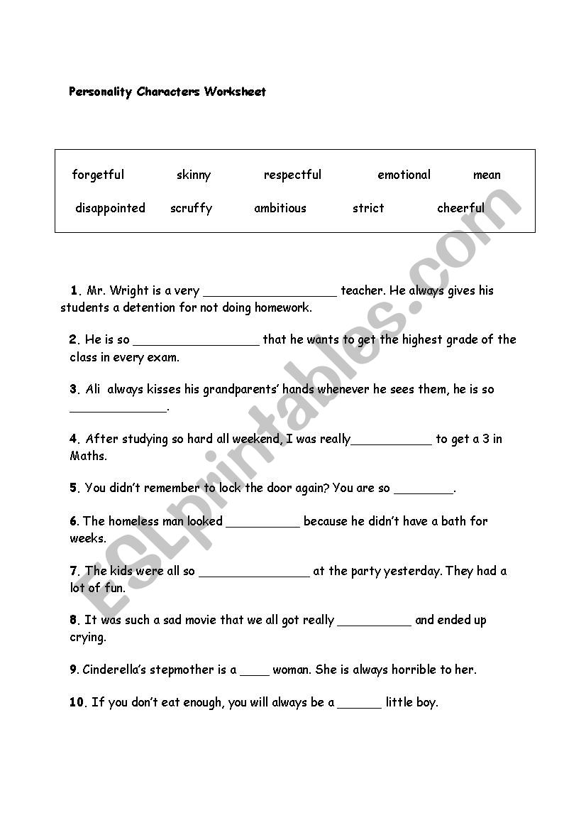 personality characters worksheet