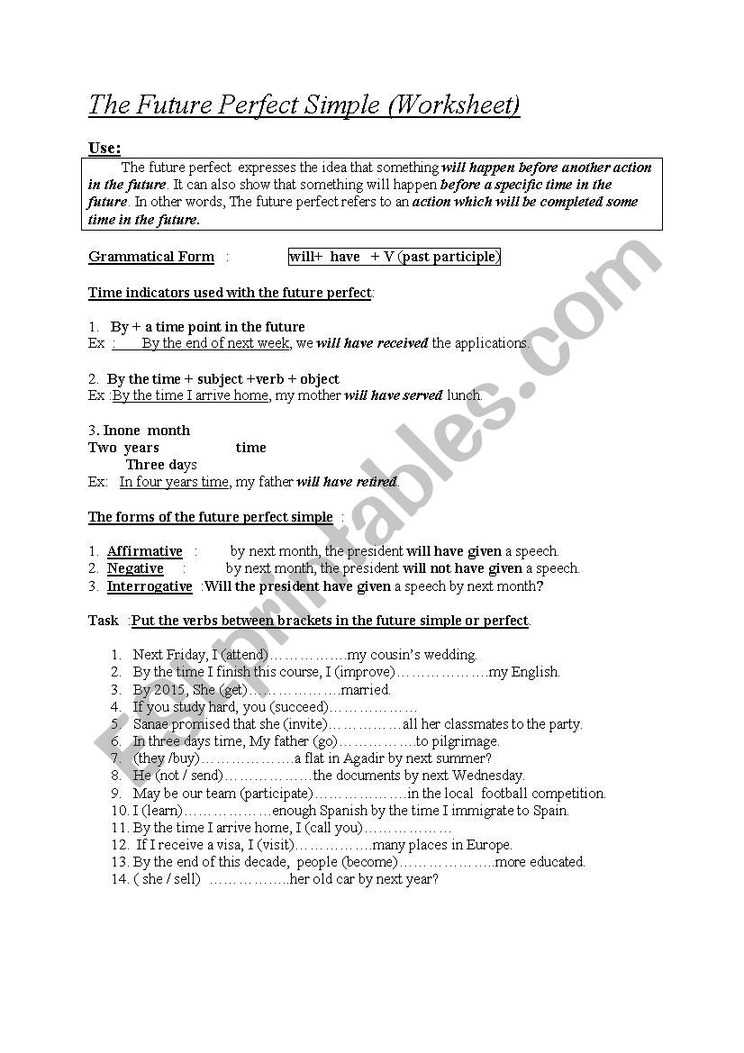 The Future Perfect Simple worksheet