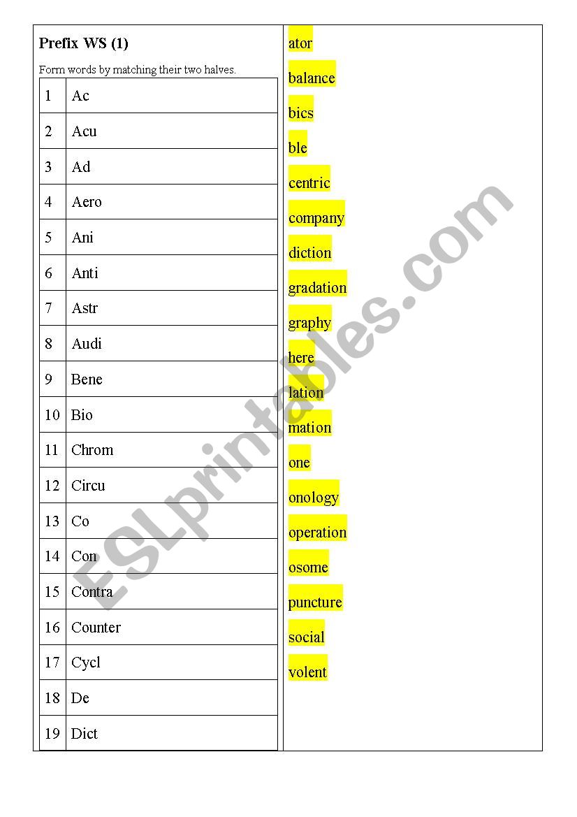 prefix game worksheet