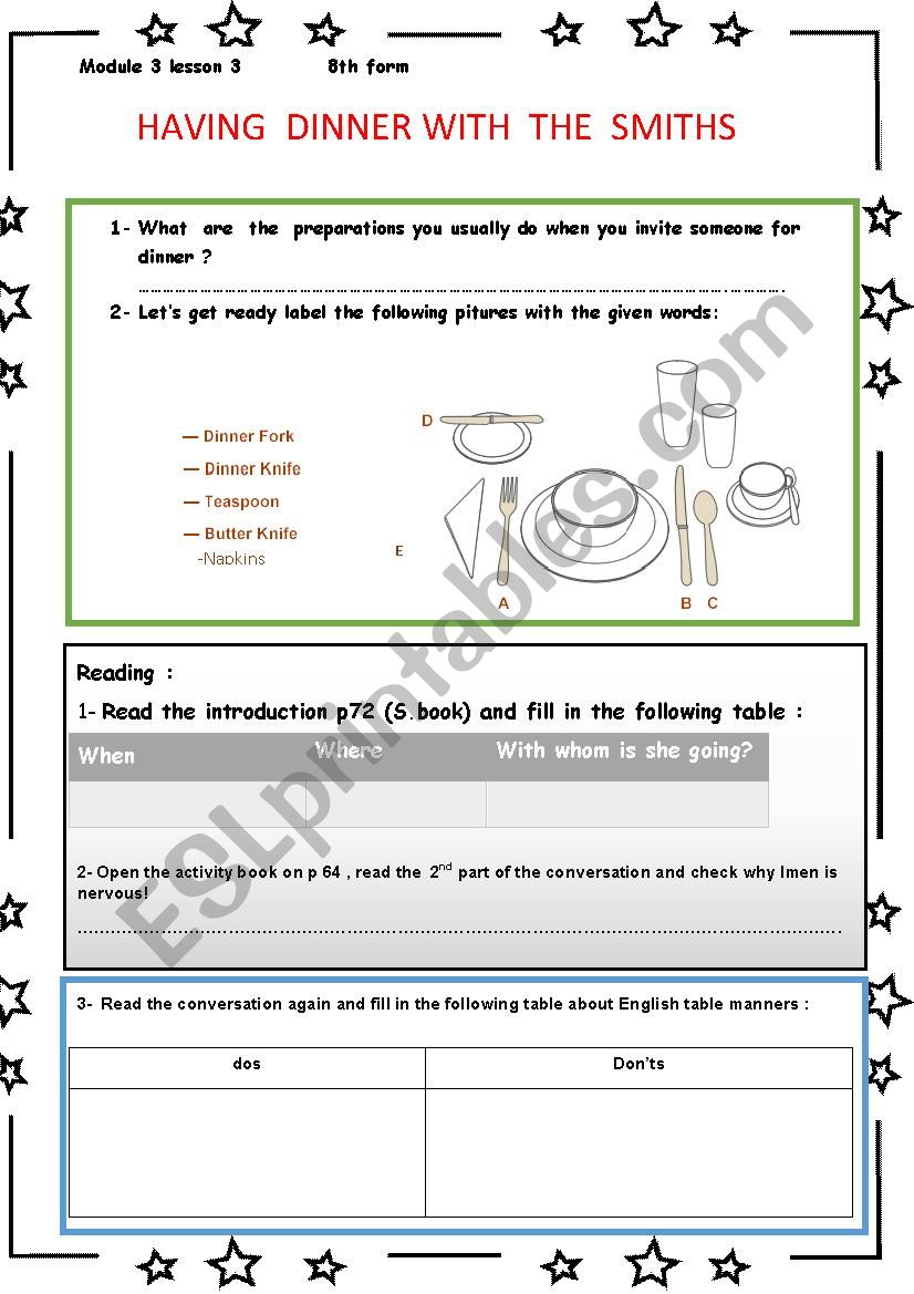 Having dinner with te Smiths worksheet