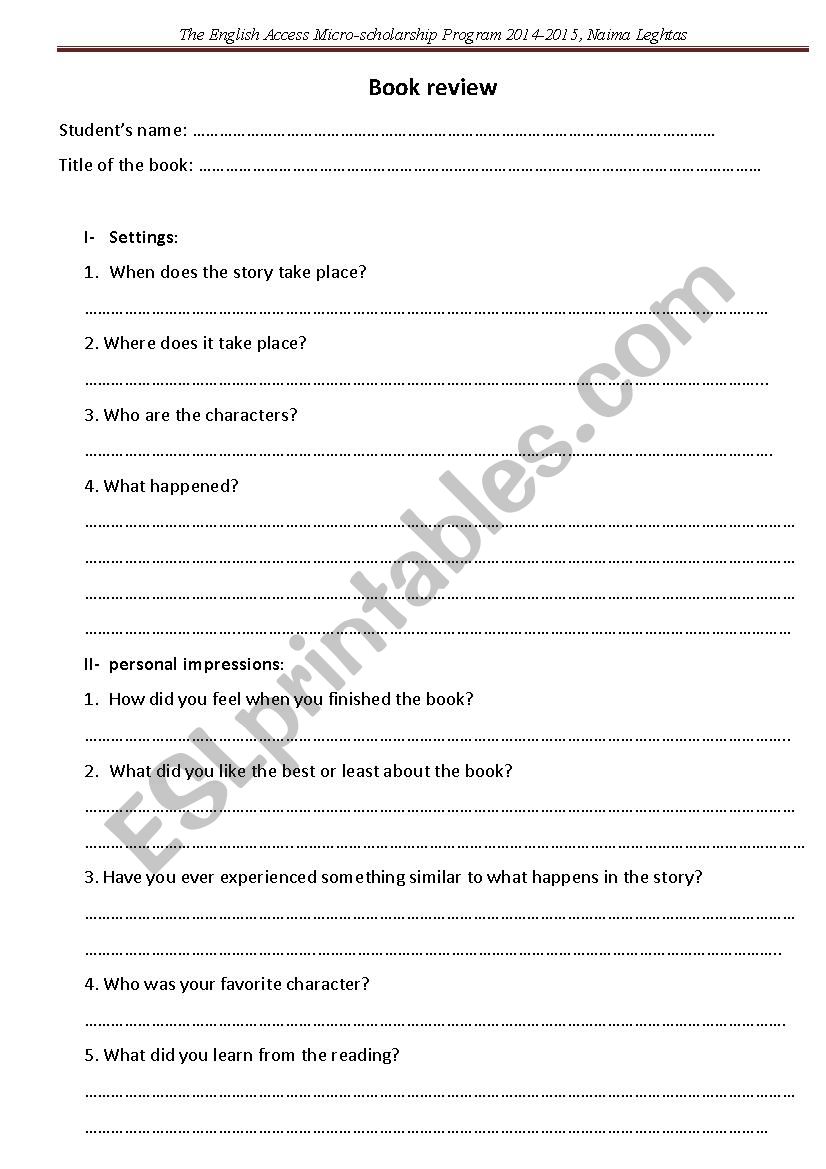 Book review sample worksheet