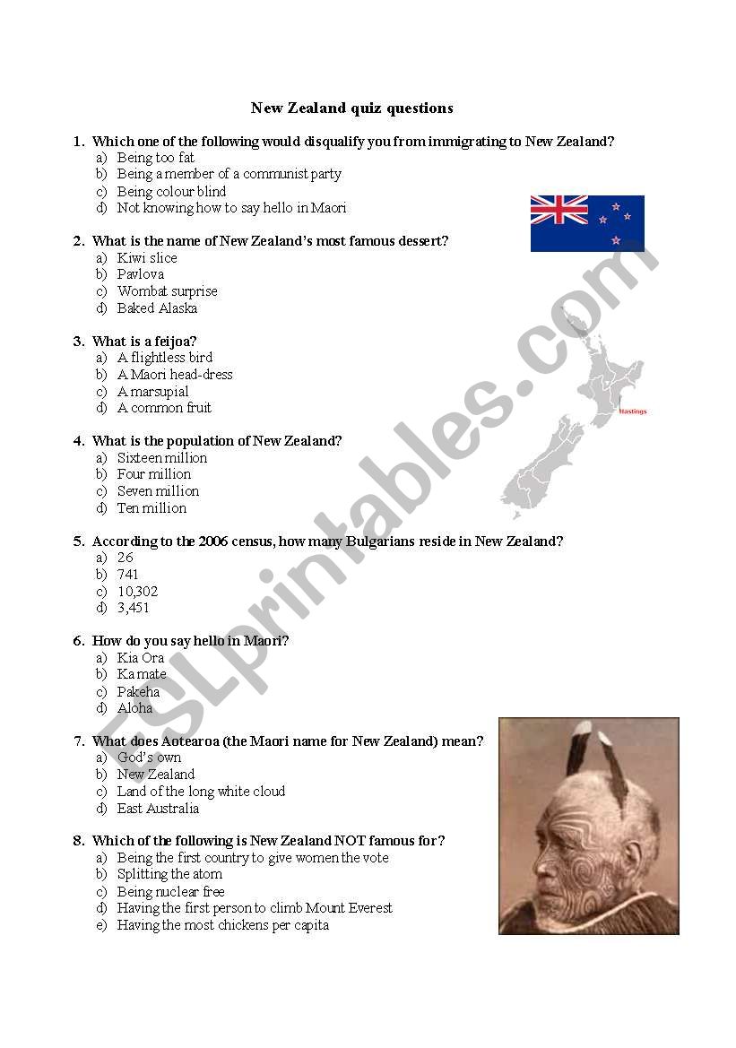 New Zealand quiz - ESL worksheet by phillipa47