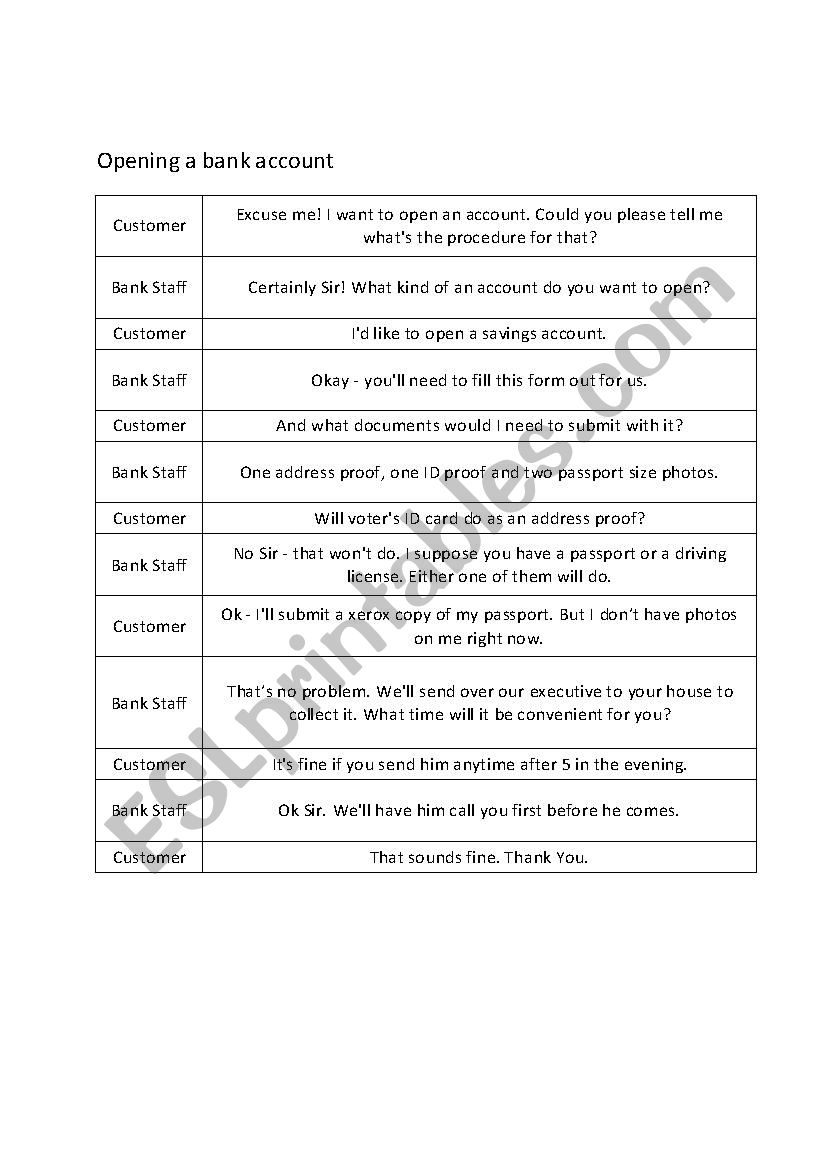 Opennig a bank account worksheet