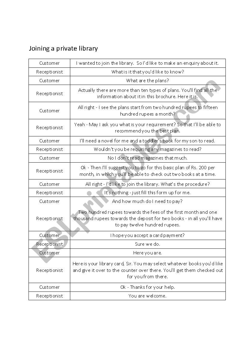 Joining a private library worksheet