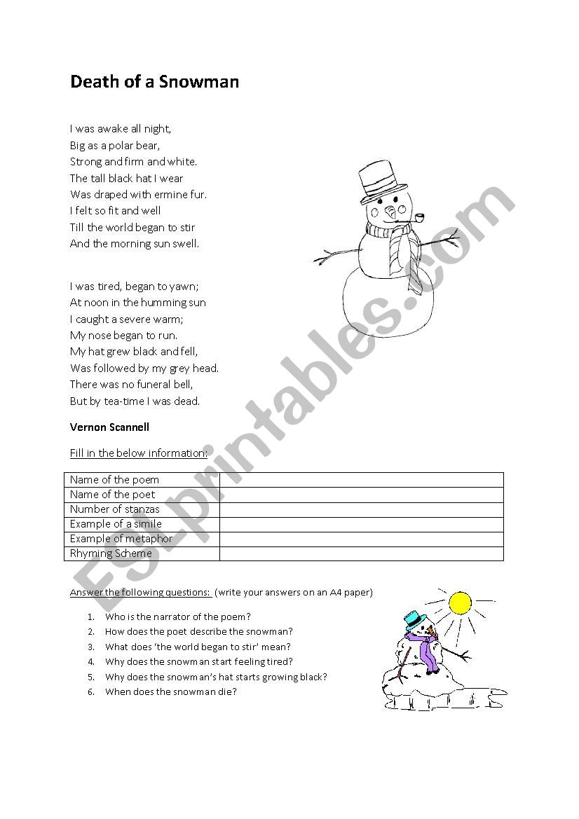 Death of a Snowman worksheet