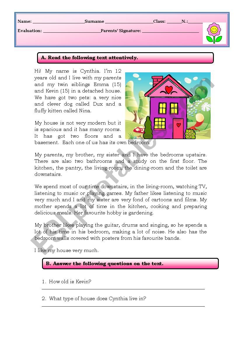 Written test on the subject House/Home (3 pages)