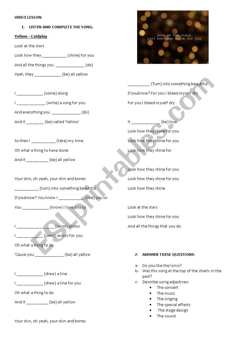 YELLOW LYRICS worksheet