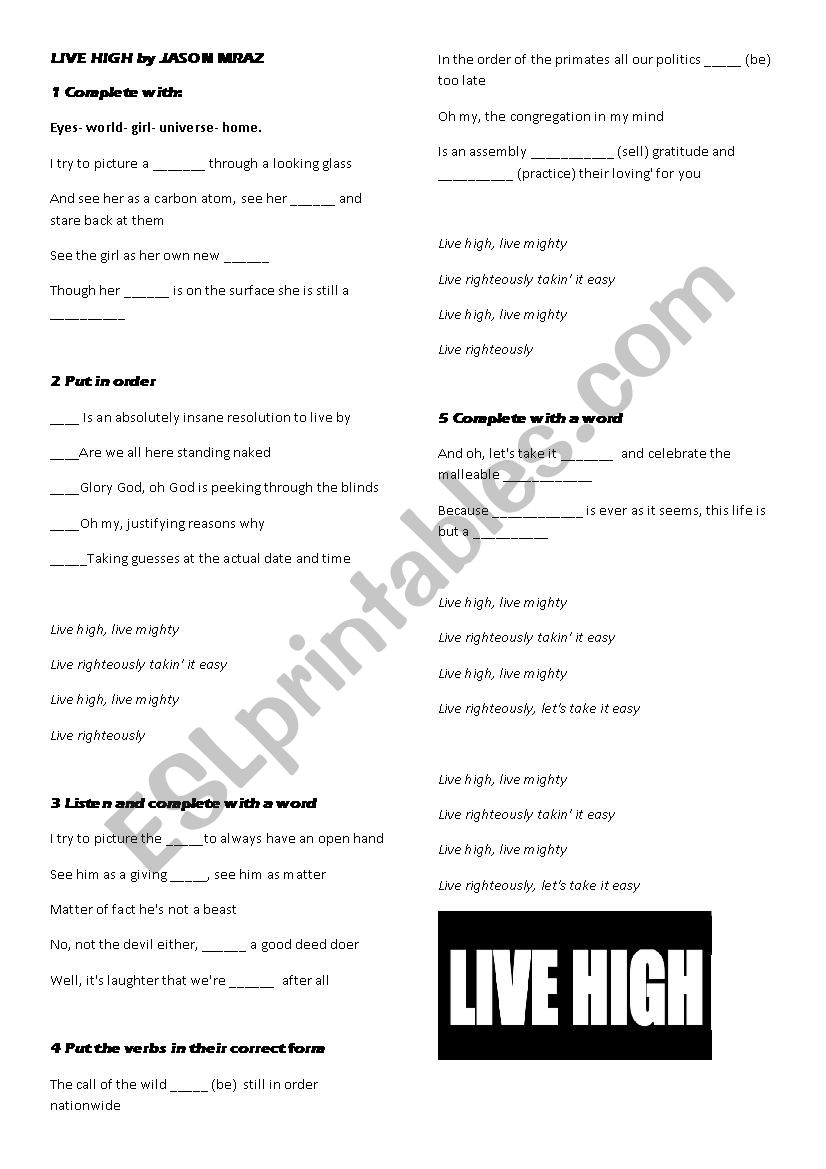 LIVE HIGH LYRICS worksheet