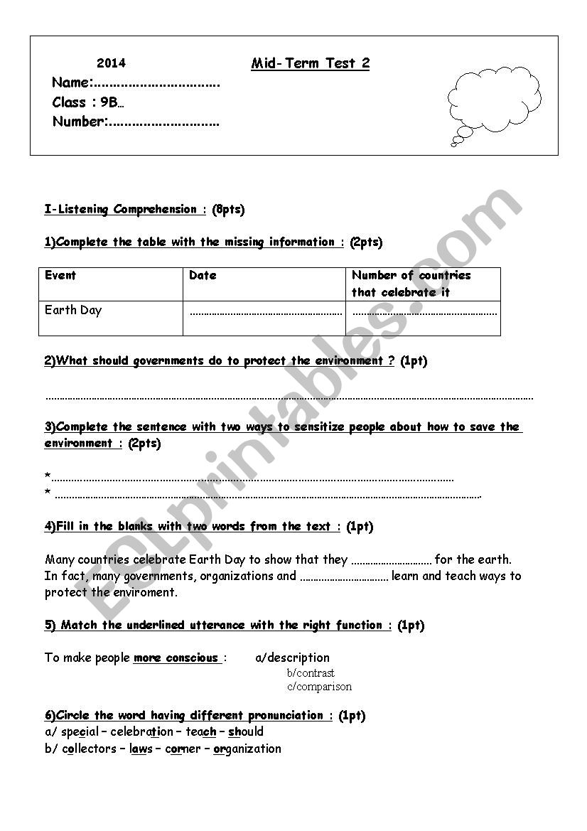 Mid-Term Test 2   9th Form worksheet