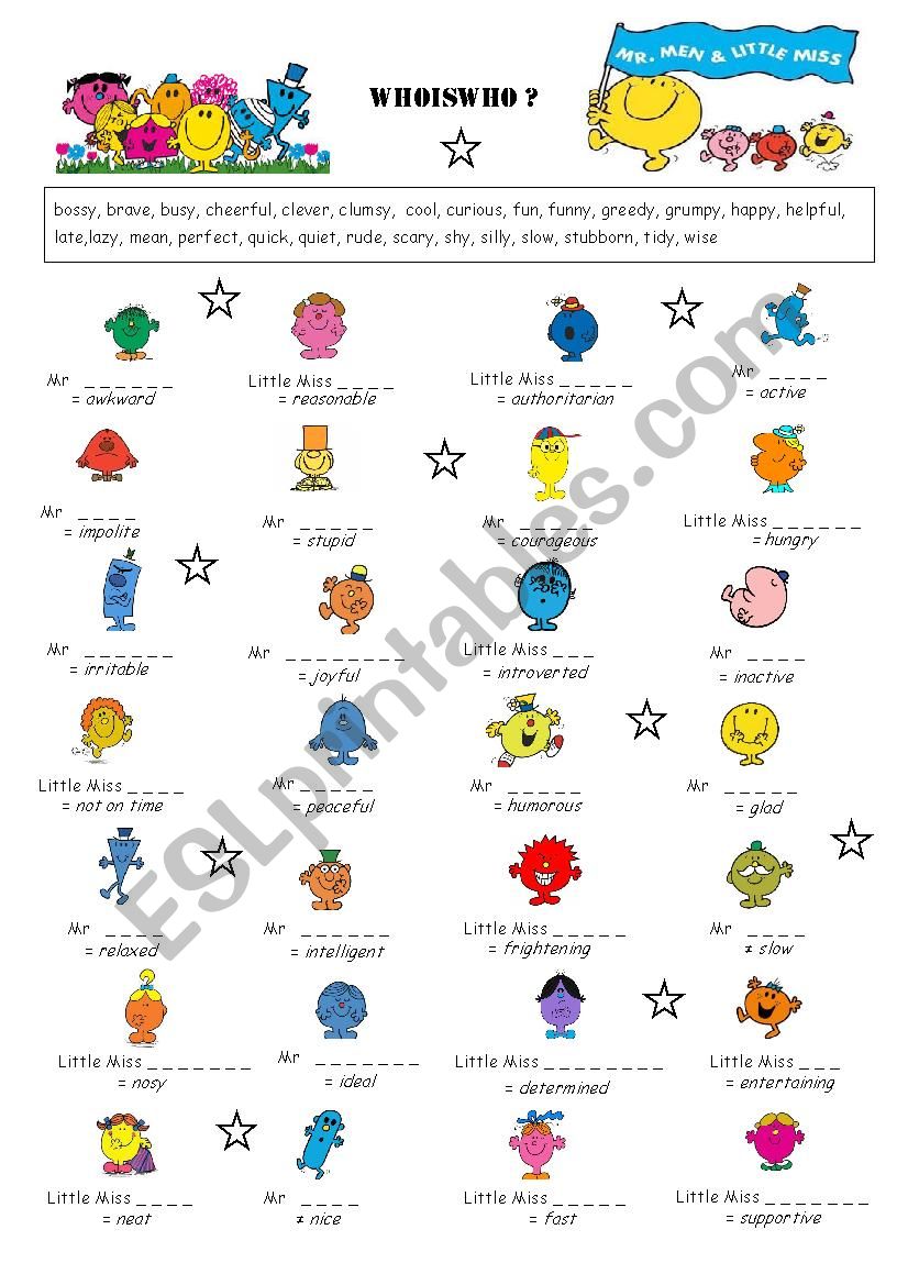 Mr Men and Little Miss: Personality Adjectives (synonyms)