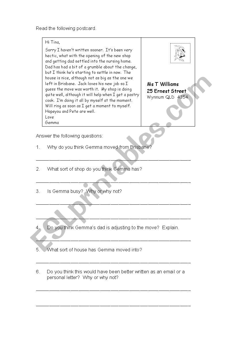 Postcard comprehension worksheet