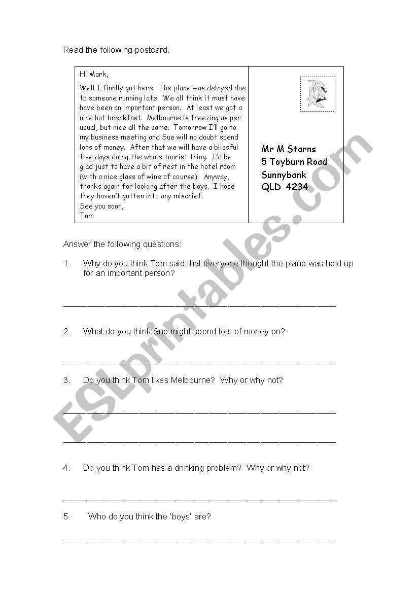 Reading a Postcard worksheet